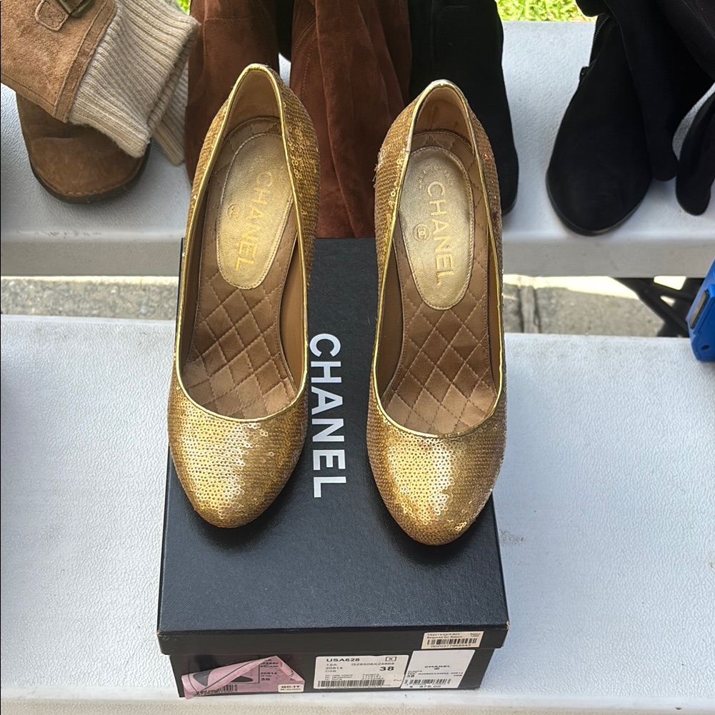 Chanel Gold Sequin Heels For Elegant Occasions